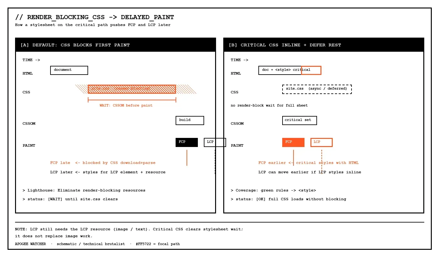 Schematic comparing default render-blocking CSS with critical CSS inlined: left panel shows site.css blocking CSSOM then late FCP and LCP; right panel shows critical styles in the HTML response, deferred full CSS, and earlier FCP and LCP