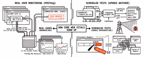 Apogee Watcher vs PostHog Web Vitals: Synthetic PageSpeed Monitoring and Product Analytics Compared